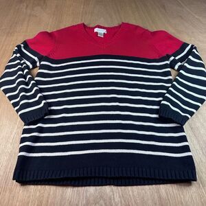 Men’s Casual Corner Red Navy White Striped V-Neck Cotton Sweater Large